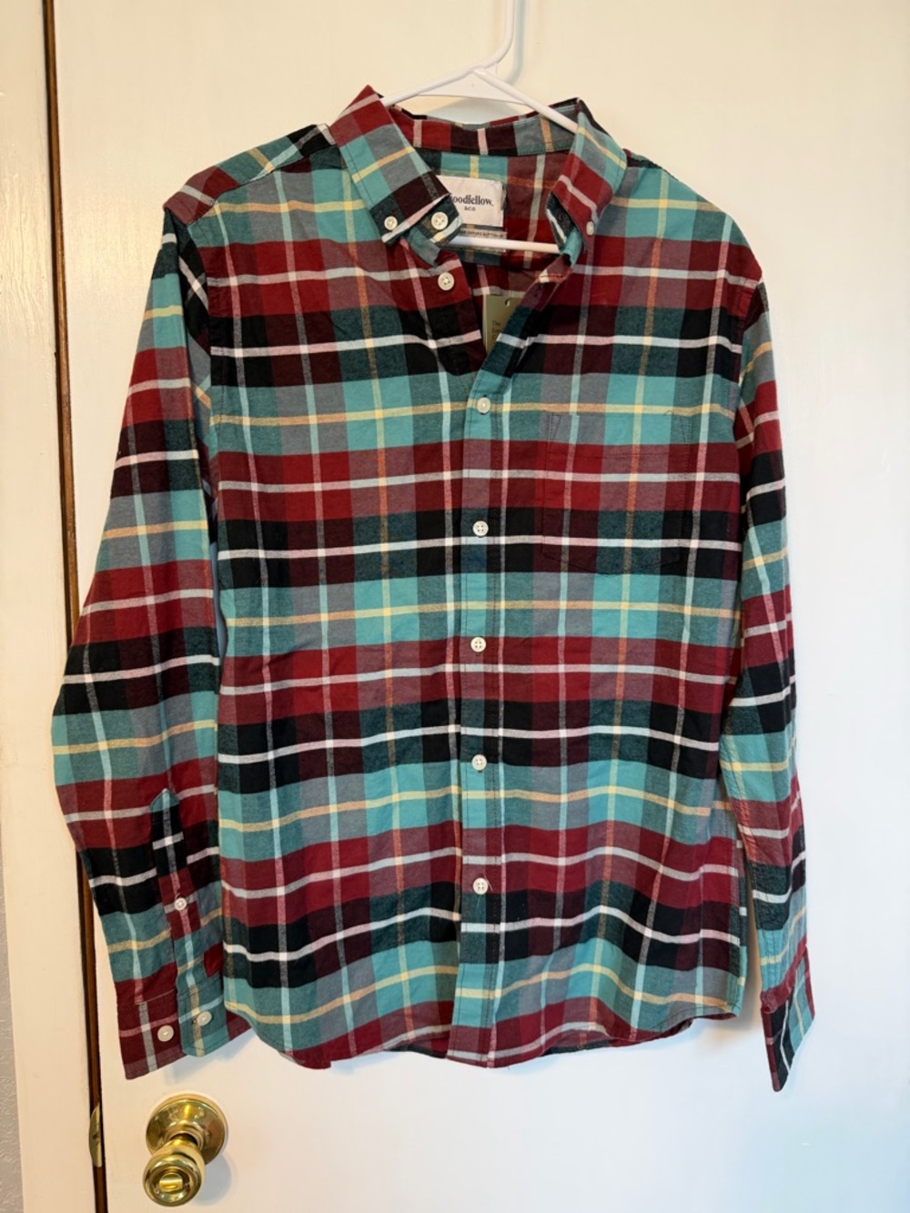 Goodfellow & Co Red and Teal Plaid Button-Down Shirt
